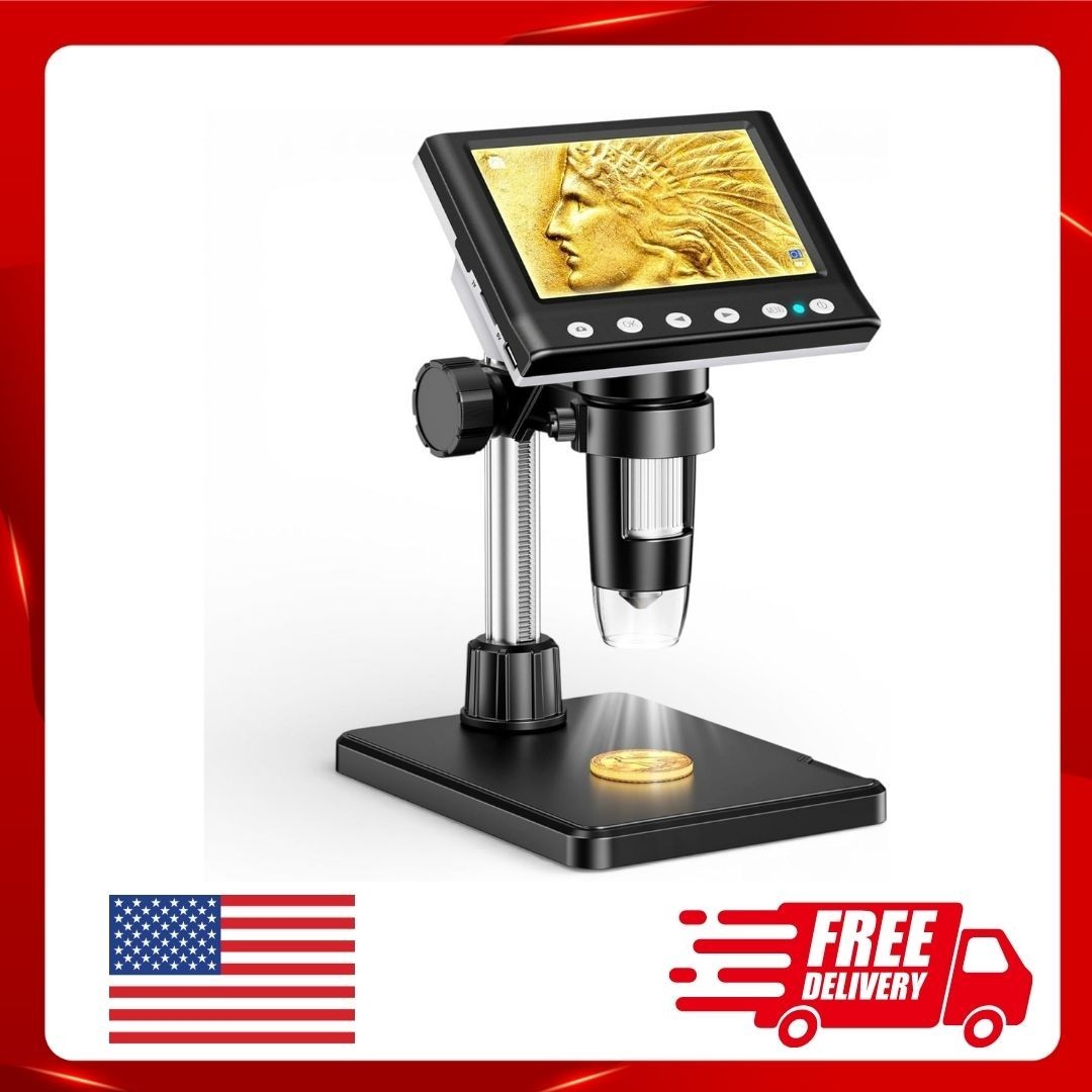 4.3 Inch LCD Digital Coin Microscope, 1000X USB Magnifier with 8 Adjustable LED