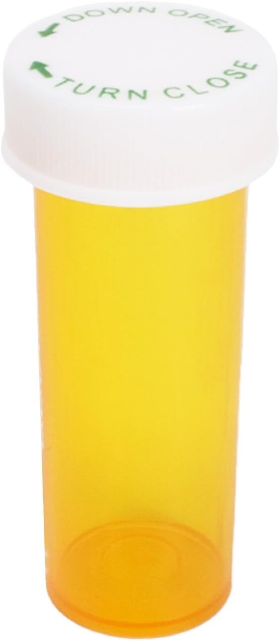 Plastic Amber Medicine Pill Bottles, Push Down and Turn, 6 Dram, 25 Pack