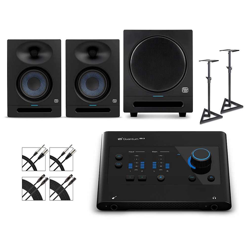 PreSonus Quantum ES2 Interface w/Eris 2nd Gen Pair & SUB8BT Cables,Stands Incld