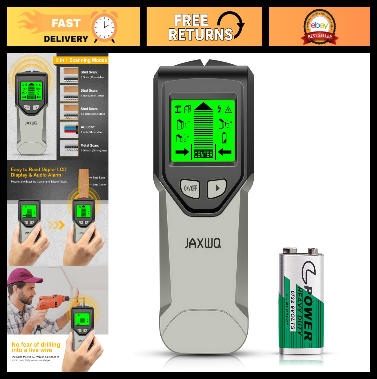 5-in-1 Stud Finder Wall Scanner - Smart Chip, HD LCD Display, Detects Wood, Meta