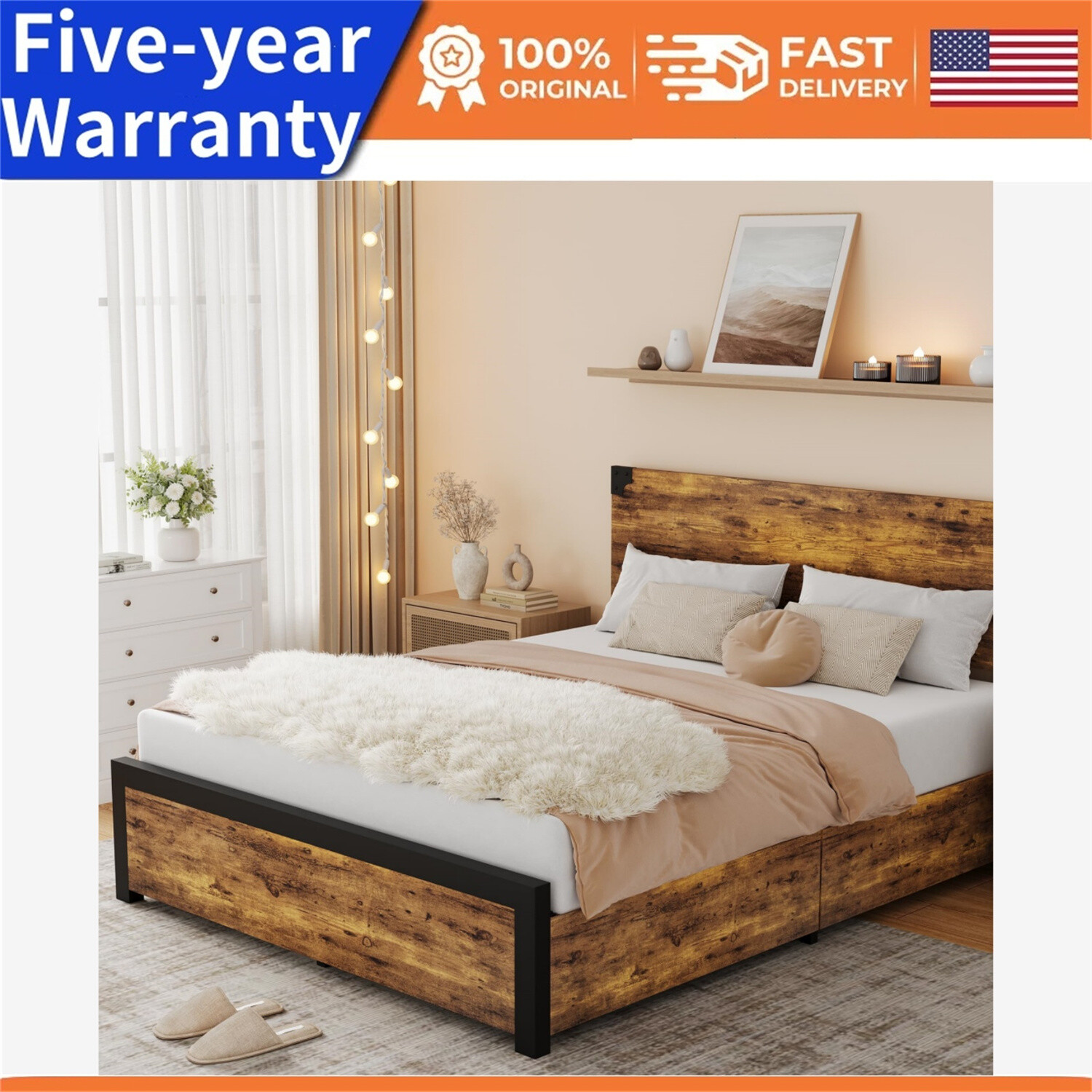 FULL/QUEEN Bed Frame w/4 Drawers Platform Metal Bed Frame with Wooden Headboard