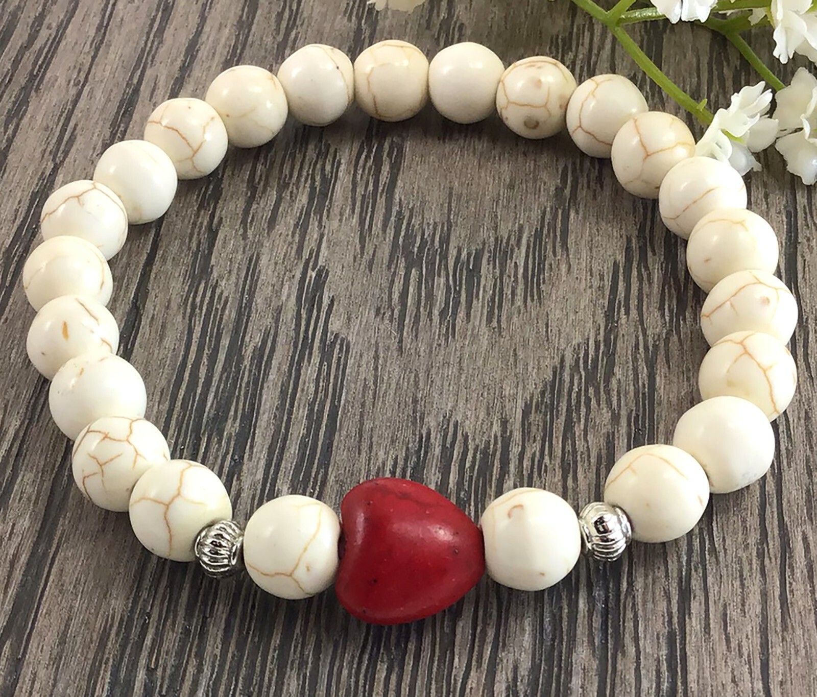 White magnesite turquoise beaded bracelet with heart pendant healing gemstone
