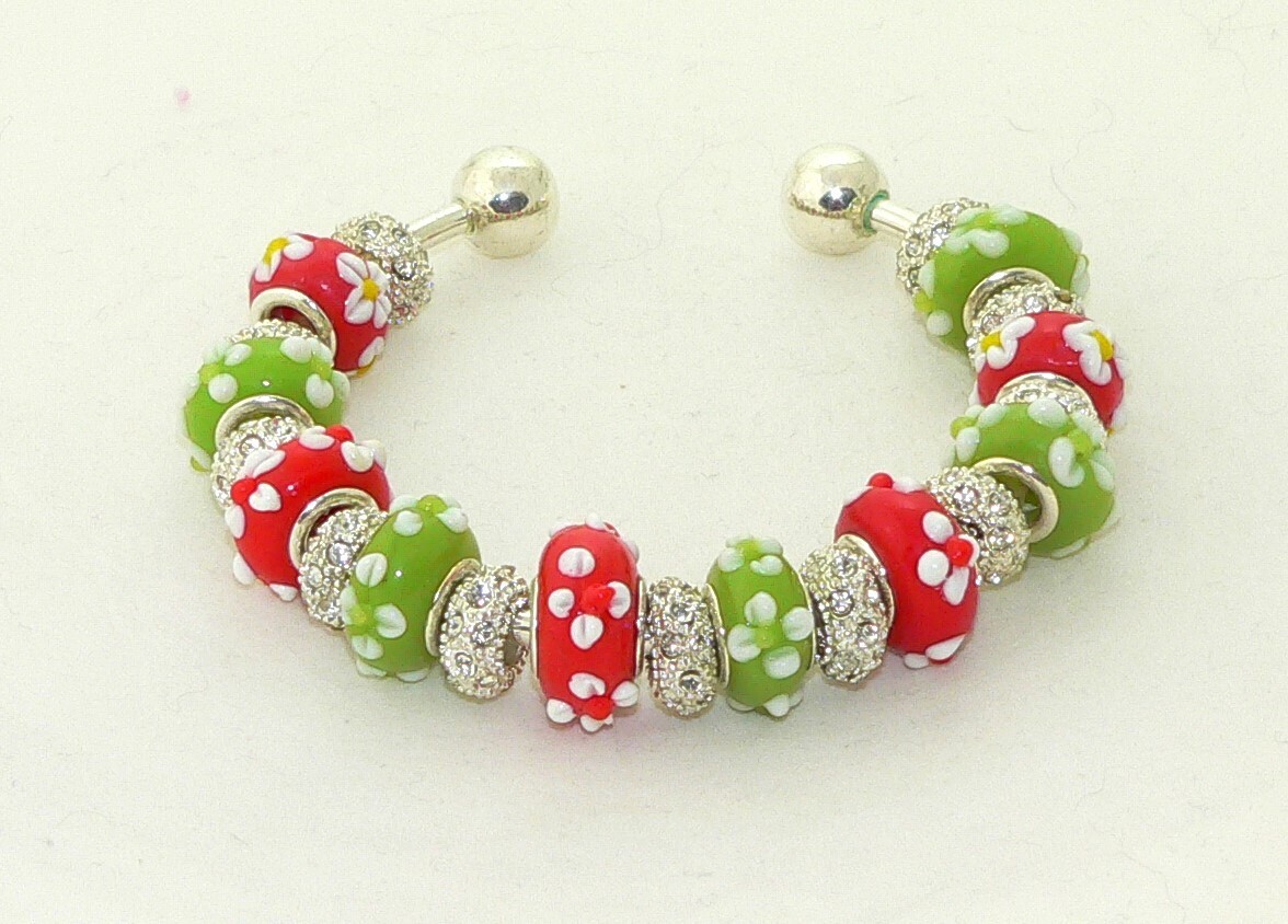 Festive Christmas Red Light Green European Bracelet with Floral Lampwork