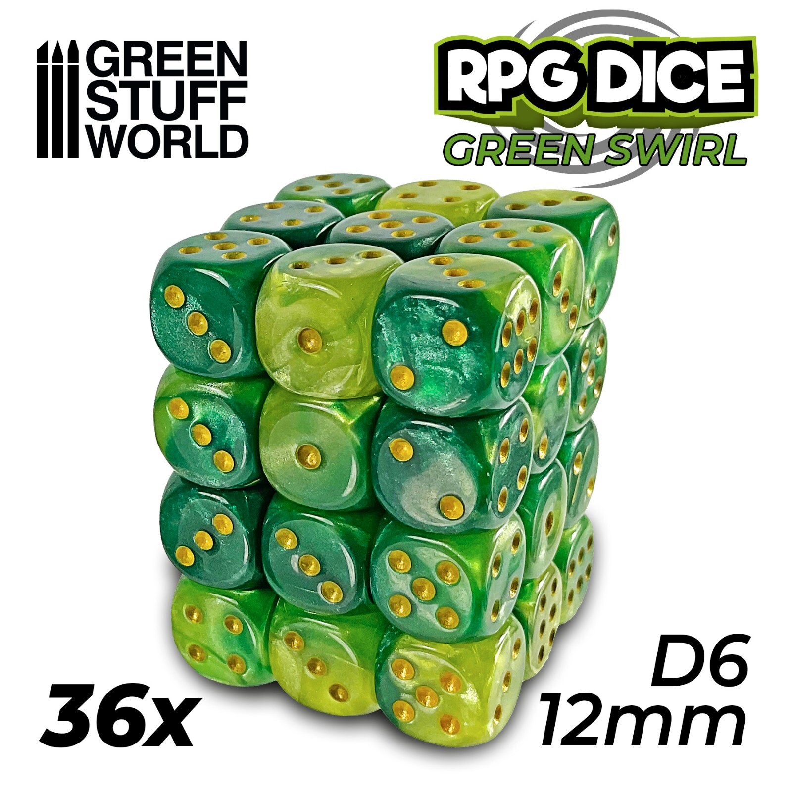 36x D6 12mm Dice - Green Swirl - wargames rpg Dungeon tabletop