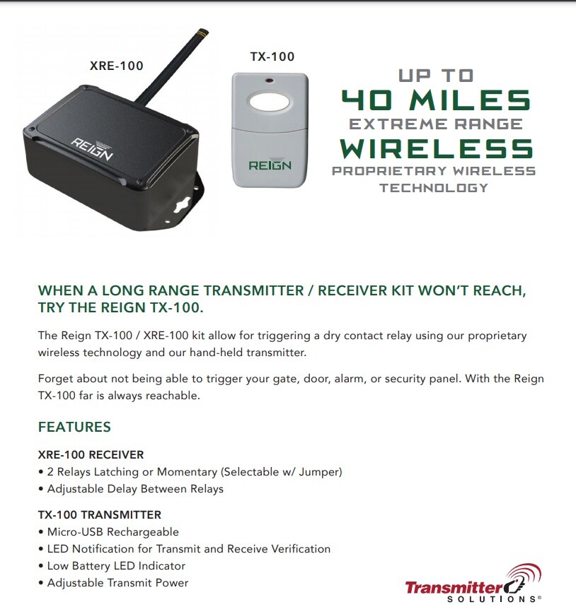REIGN XRE-100-KIT Wireless Relay Extender, TX-100 Transmitter Up To 1 Mile Range