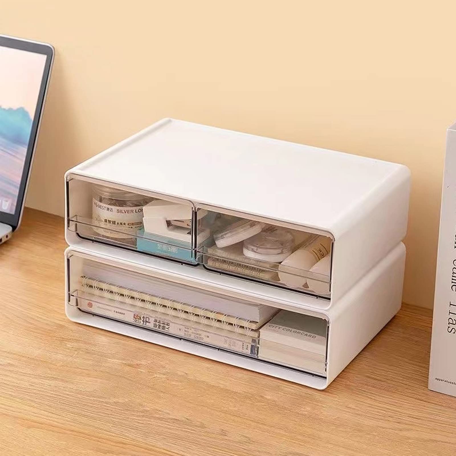 2 Packs Large Stackable Desk Organizer Drawers, Plastic Desk Storage Drawers,...