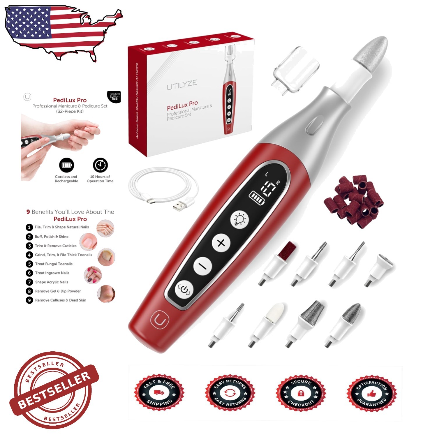 Professional Manicure Pedicure Kit - Red Edition, Cordless Nail Drill