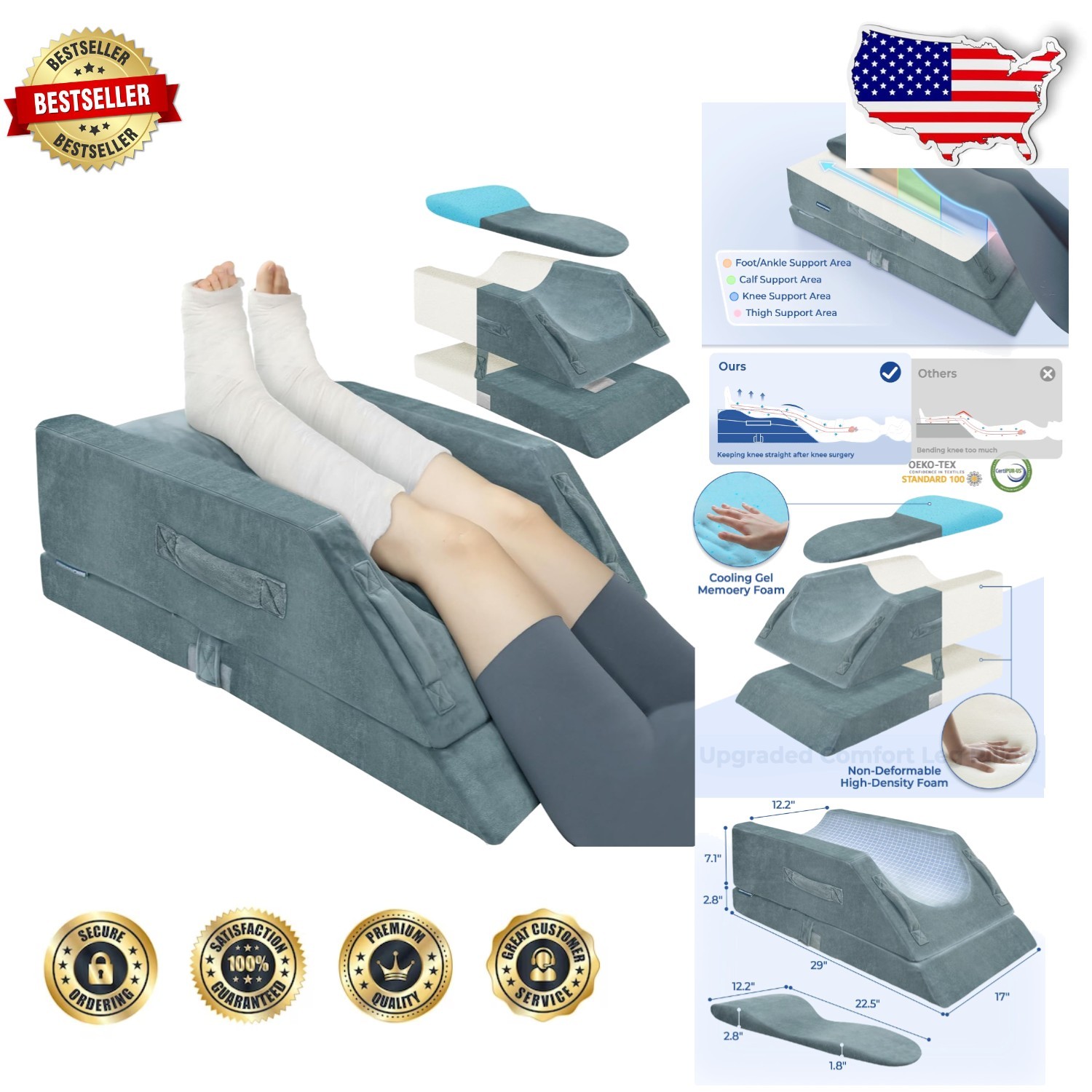 Adjustable Leg Elevation Pillow Grey Memory Foam Swelling Relief 4 Heights