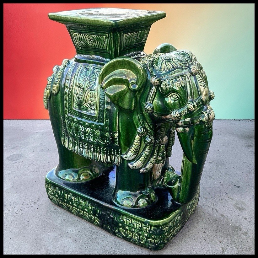 Vintage 1970’s Chinese Emerald Green Glazed Ceramic Elephant Garden Stool/Seat