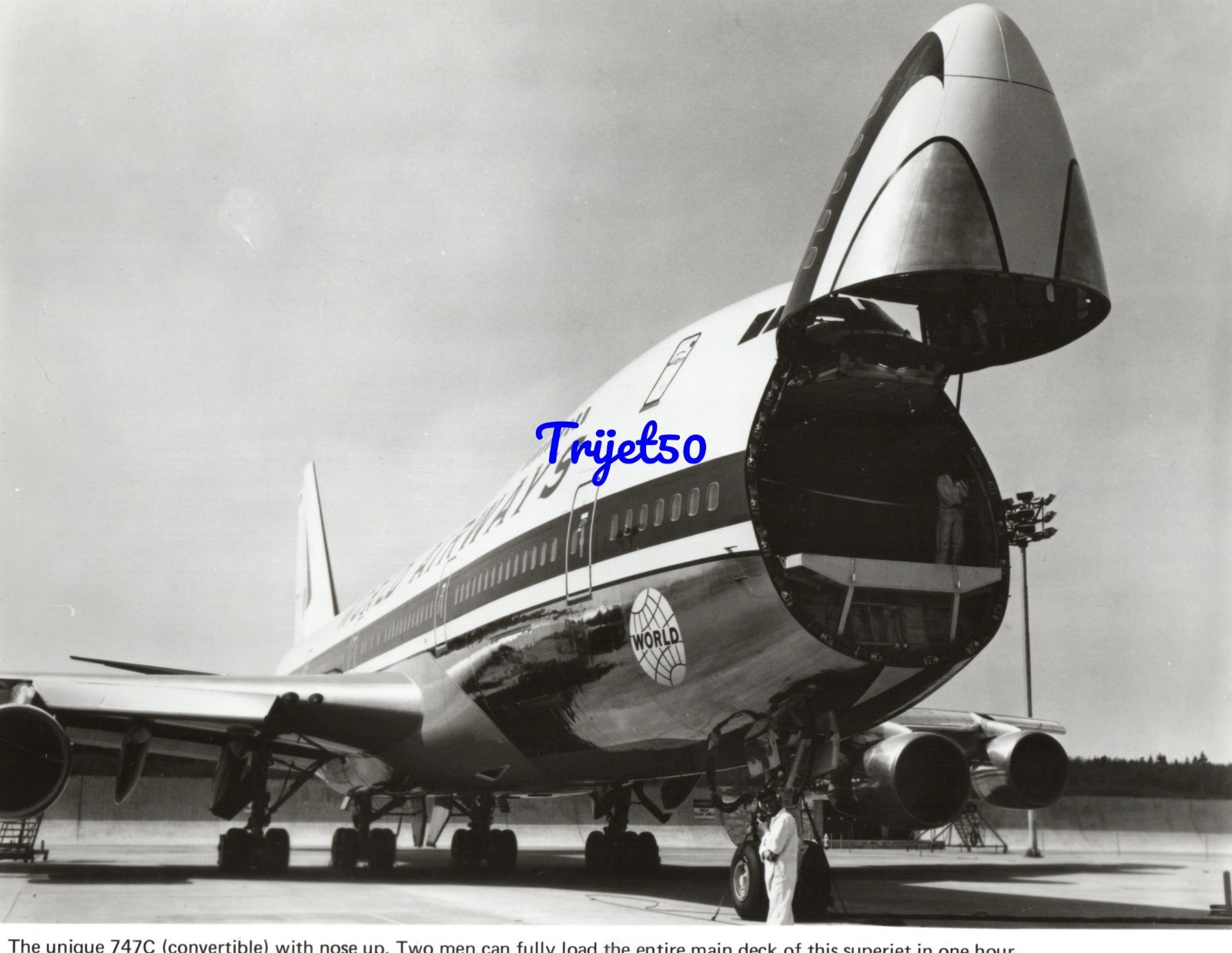 10X8 B&W Photo Boeing 747 Convertible World Airways with Nose Open