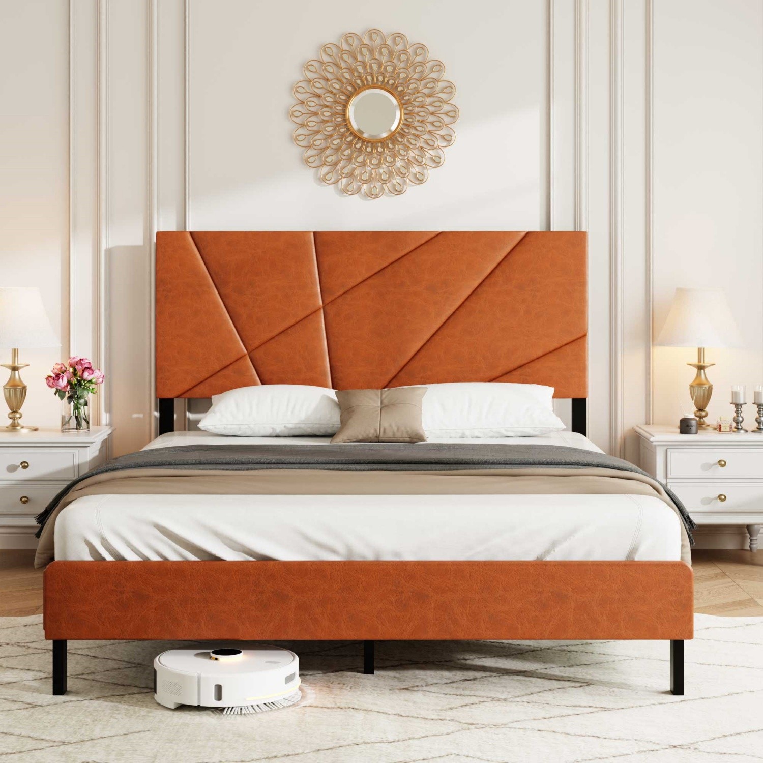 Full/Queen/King Size Platform Bed Frame with Leather Upholstered Headboard