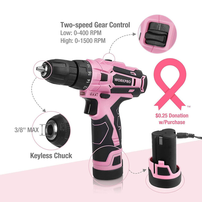WORKPRO 12V Pink Cordless Drill Driver Set Electric Screwdriver Driver with Bag