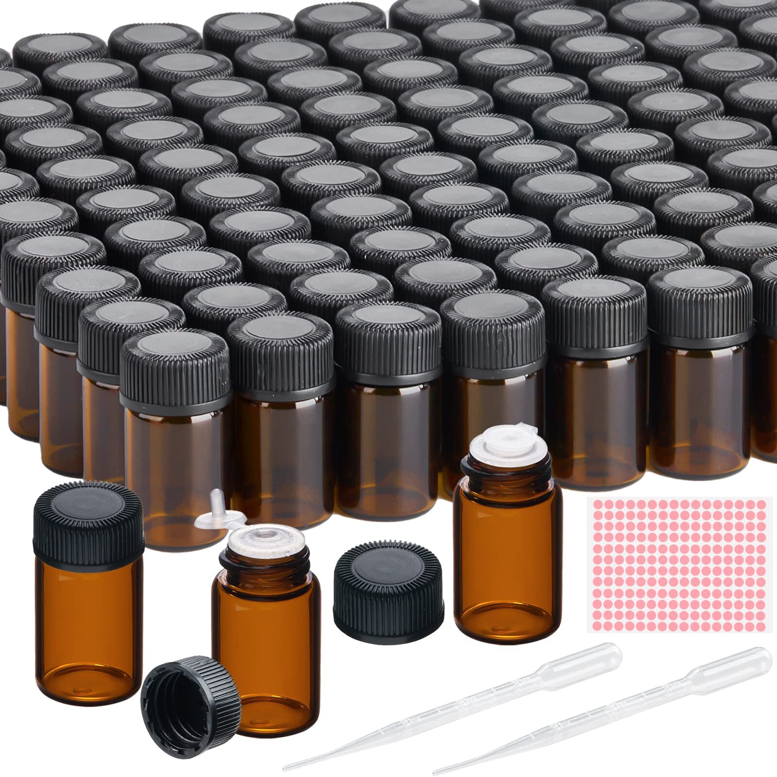 100Packs Essential Oil Sample Bottles 2Ml Drams Amber Glass Vials with Caps,