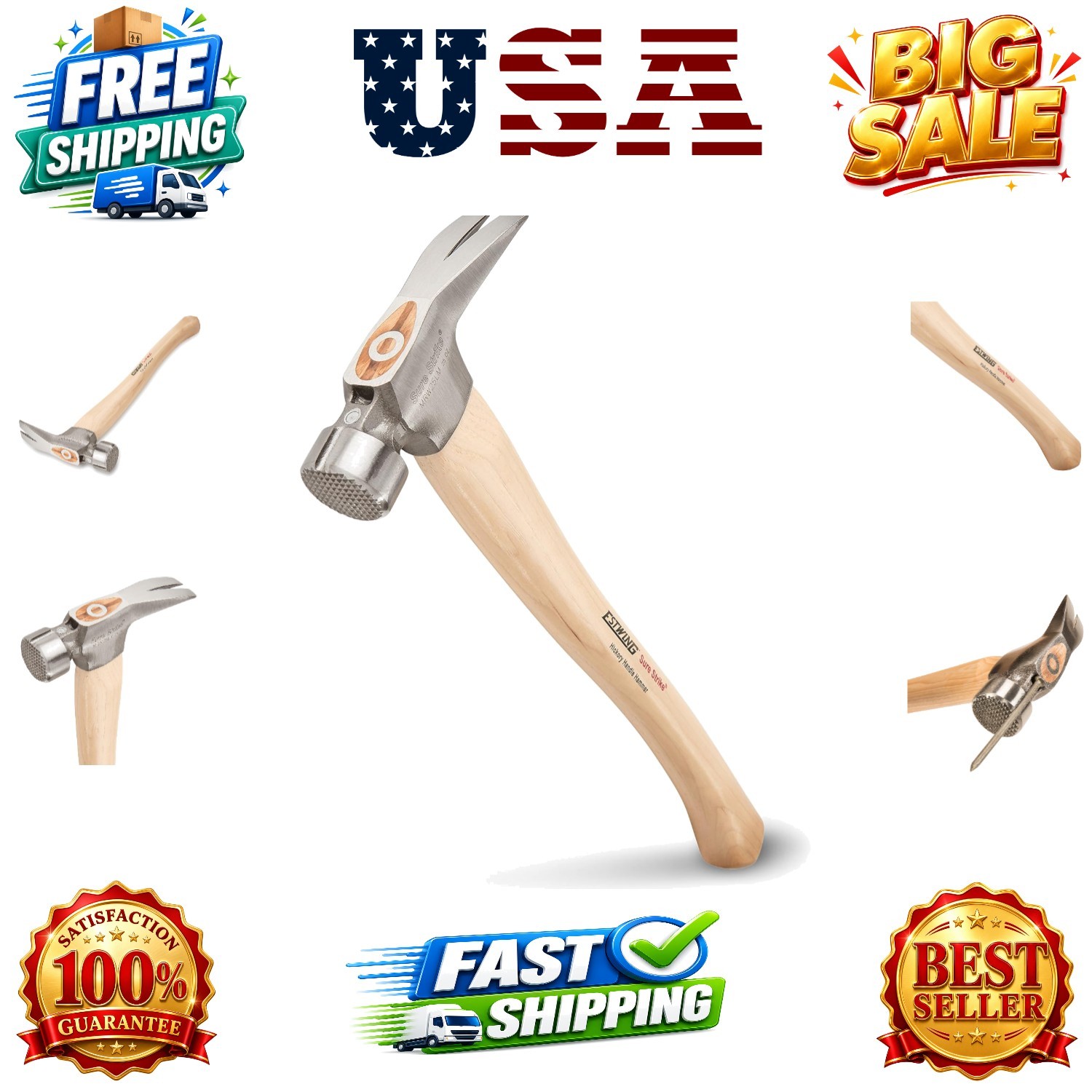 Sure Strike California Framing Hammer - 25 oz Straight Rip Claw with Milled F...
