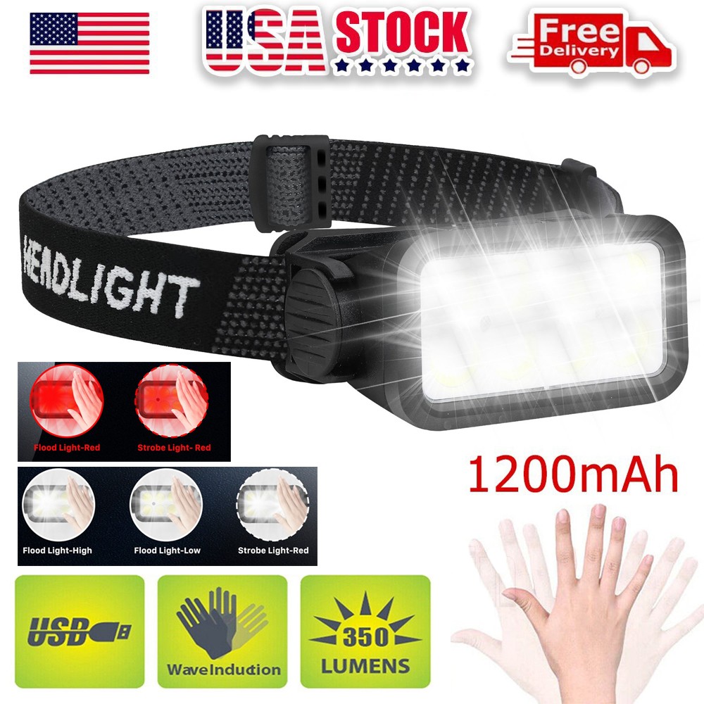 Red + White COB LED Headlamp Rechargeable Torch Work Light Bar Head Band Lamp