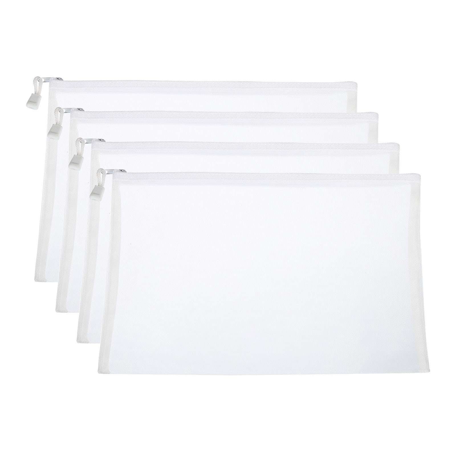 4Pcs Mesh Zipper Bags, A4 Travel Cases Nylon Makeup Pouches, White