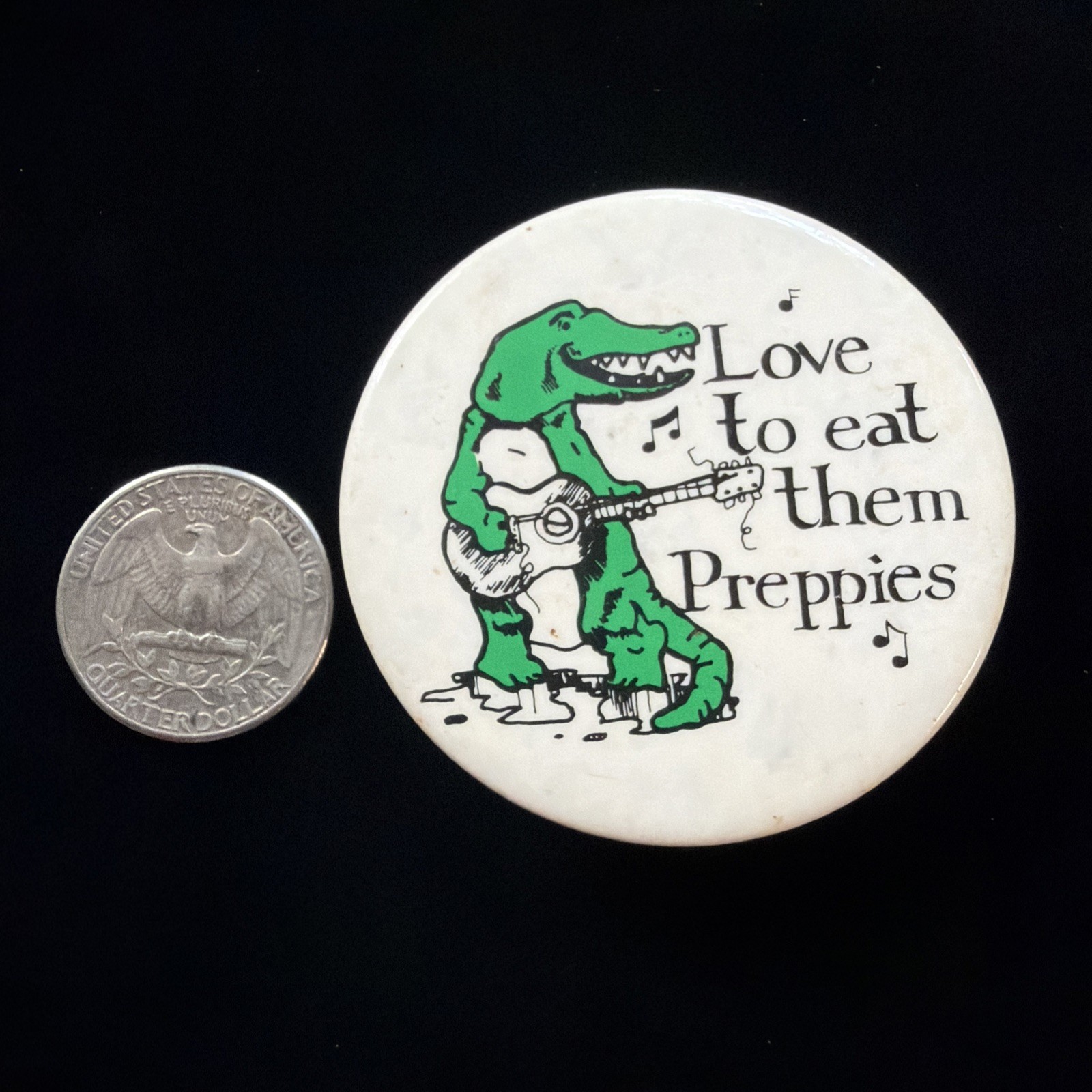 Vintage Pinback Pin Love to Eat Them Preppies Green Wet Dinosaur Playing Guitar