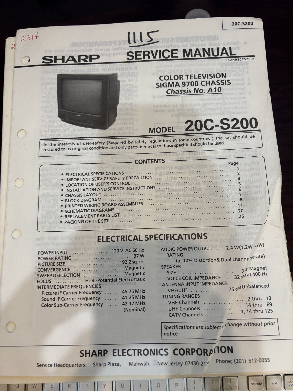 ORIG. SHARP 20C-S200 20CS200 TV Repair & Service Manual 2314 2720 *ORIGINAL*