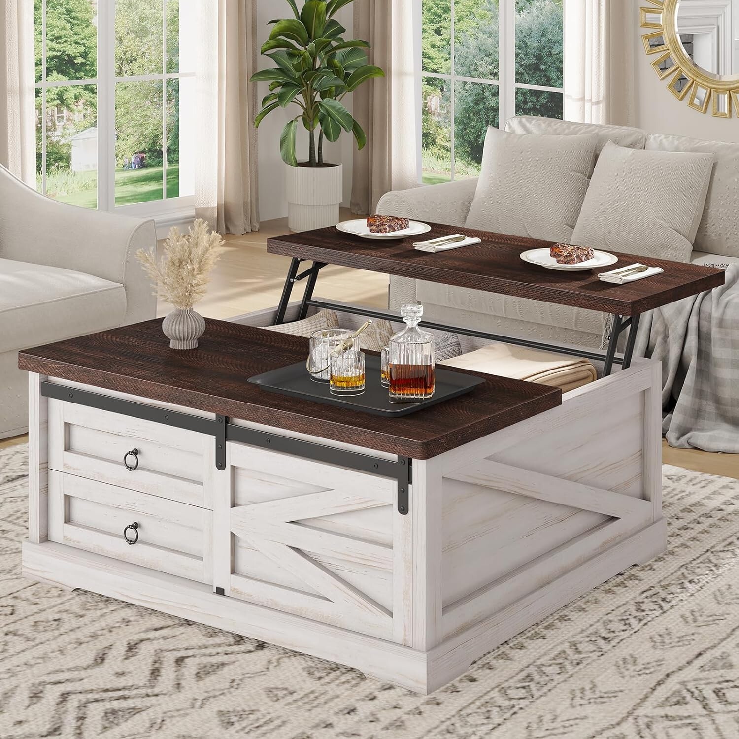 Farmhouse 39.4'' Lift Top Coffee Table with Large Hidden Compartment & 2 Drawers