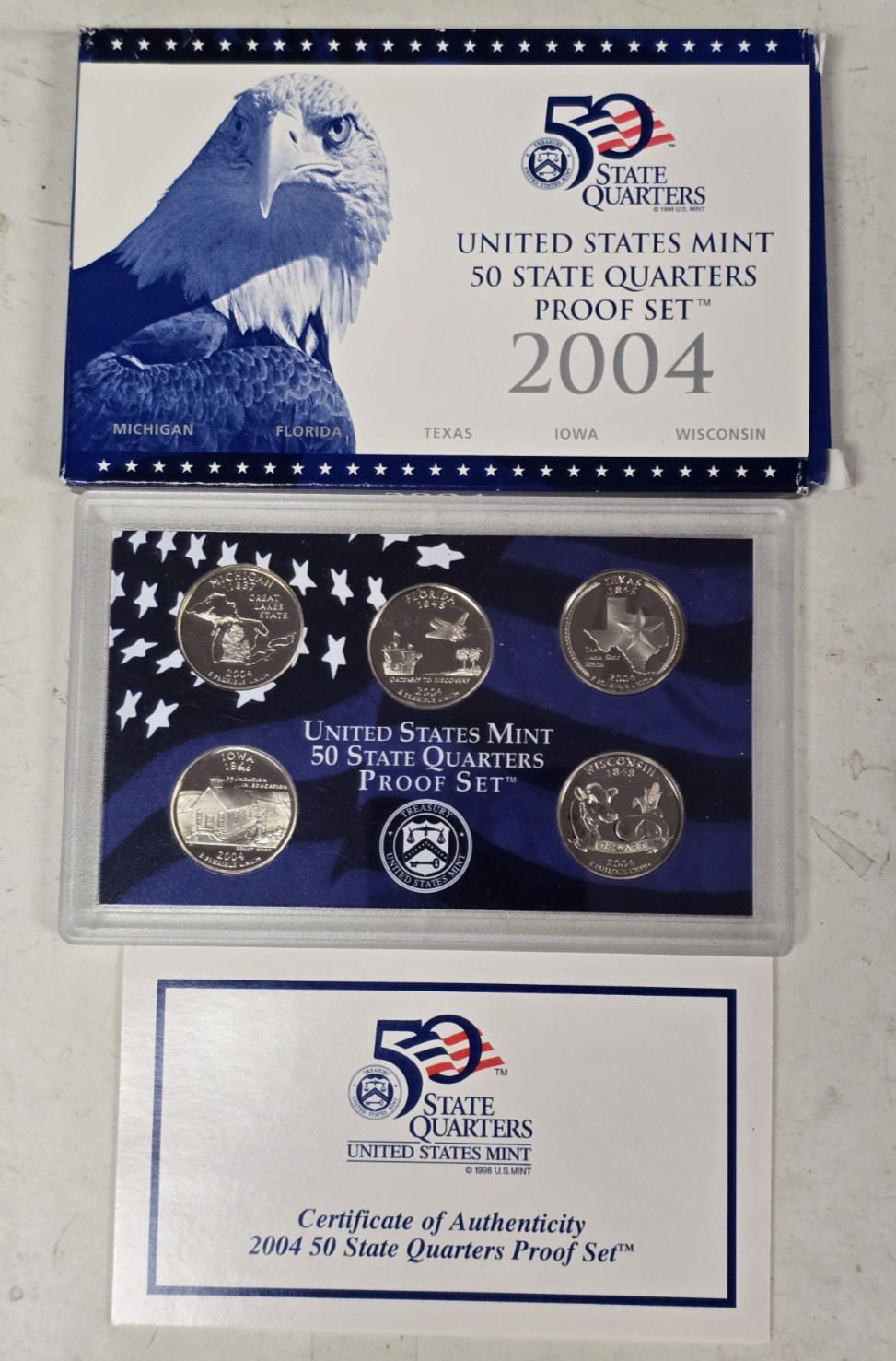 SS0504SQBCiO U.S. MINT 5 COIN QUARTERS ONLY YEAR 2004-S CAM PROOF SET TONED OGP!