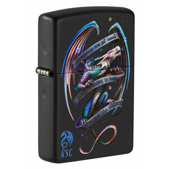 Zippo Lighter: Anne Stokes Mythical Dragon and Banner - Black Matte 49548