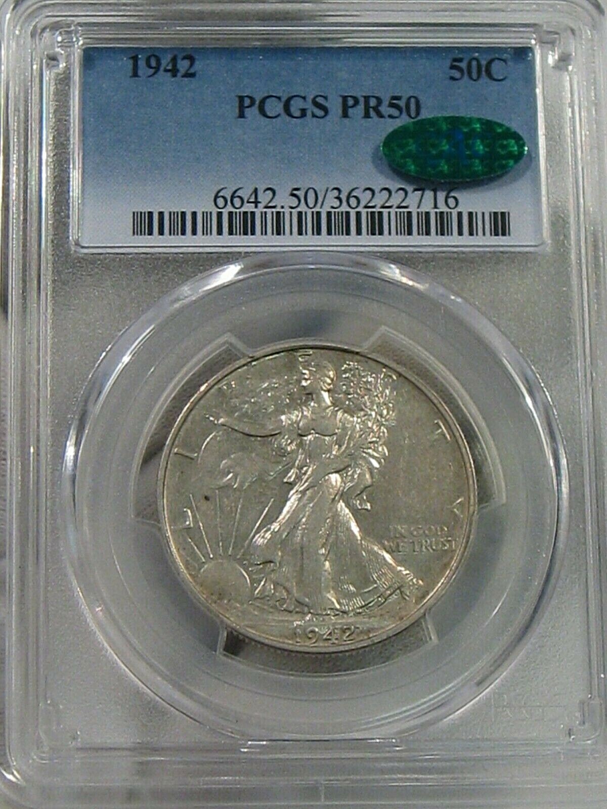 RARE Lowball Proof 1942 Walking LIBERTY Half Dollar PCGS PR50 CAC.  #5