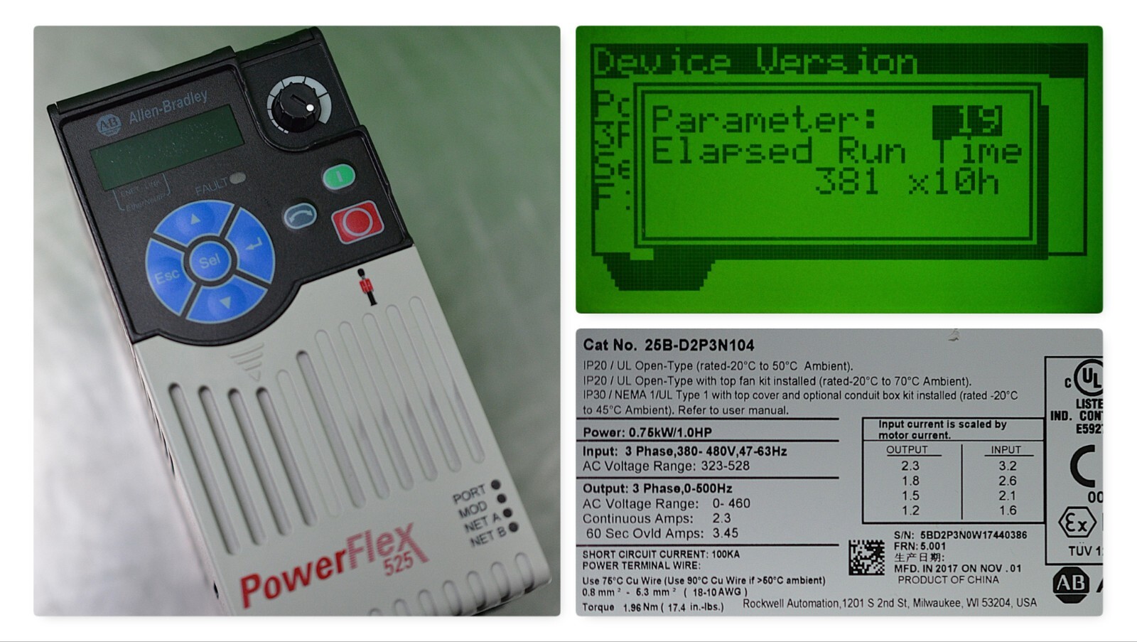 Low Hour Allen-Bradley 25B-D2P3N104 1HP Powerflex 525 Series A FRN:5.001 Tested