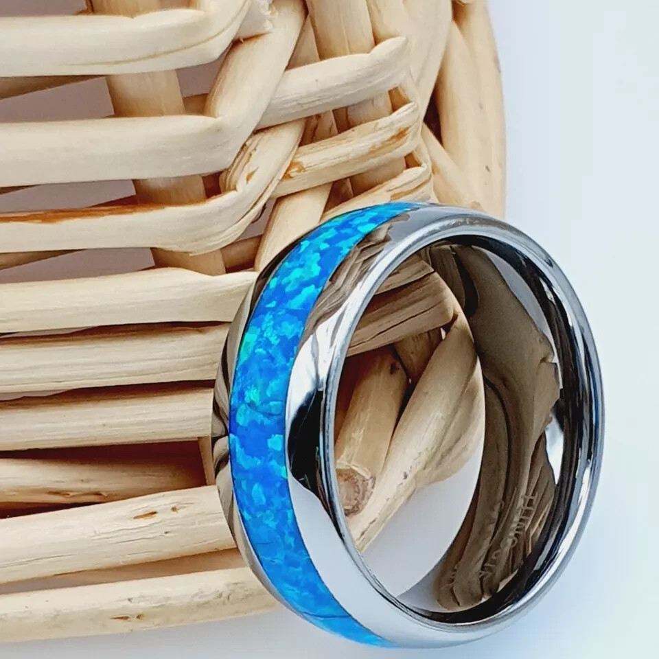 Silver Tungsten Dome Band Blue Opal Proposal Ring Men Ring Opal Engagement Ring