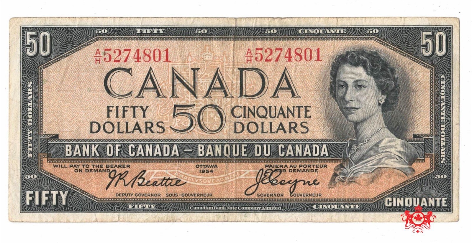 1954 Bank Of Canada 50$ Modified Beattie/Coyne A/H5274801 - VF -