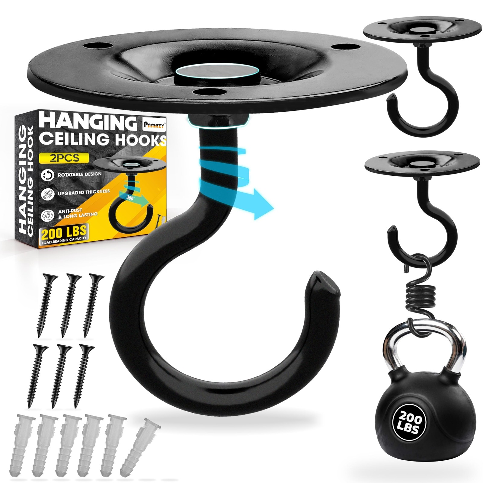 [UPGRADED] 2Pcs 200LBS Rotatable Ceiling Hooks Black Firmly Wall Mount Metal ...