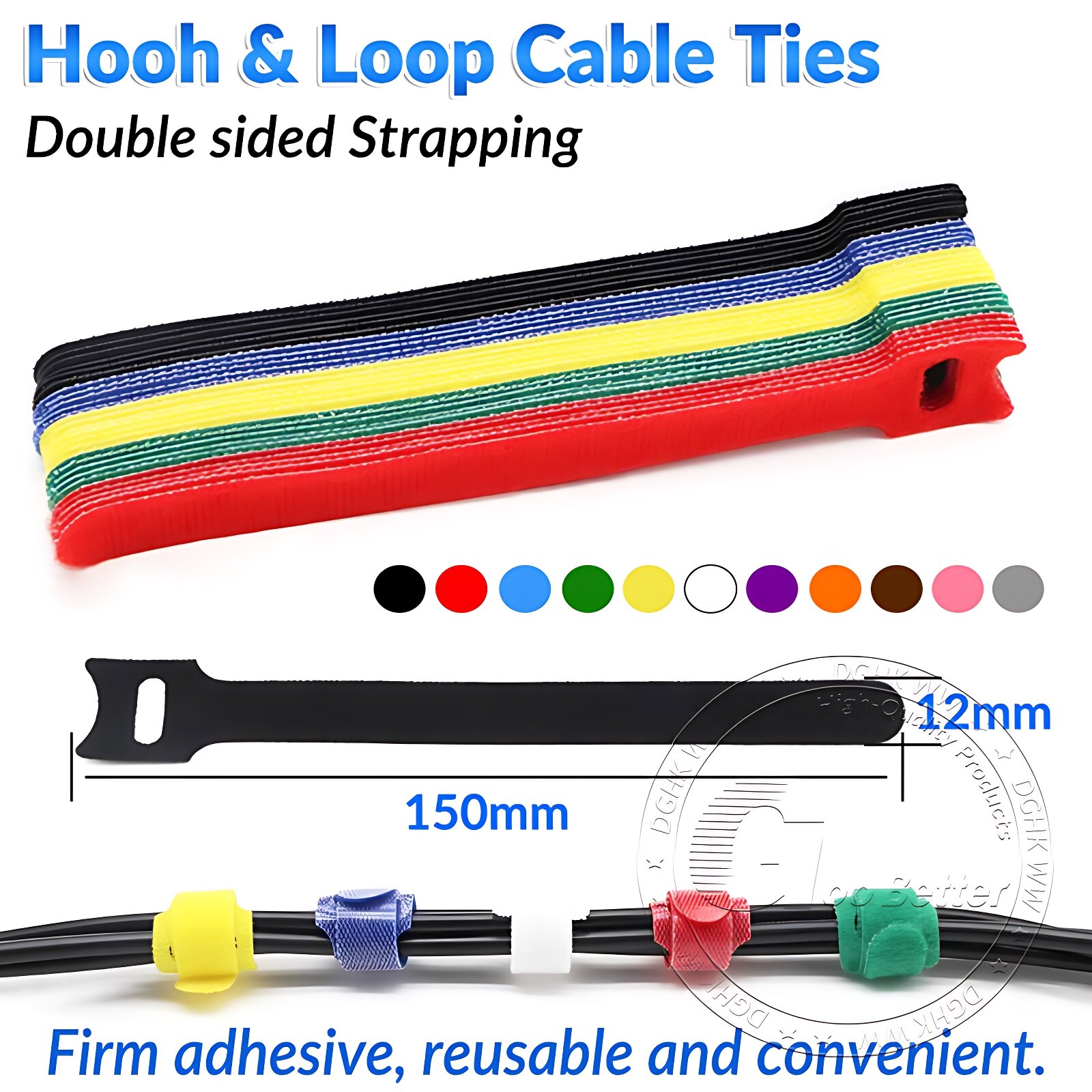 Cable Ties Double Sided Reusable Strap Ties One Wrap fastener 12mm Width 150mm L