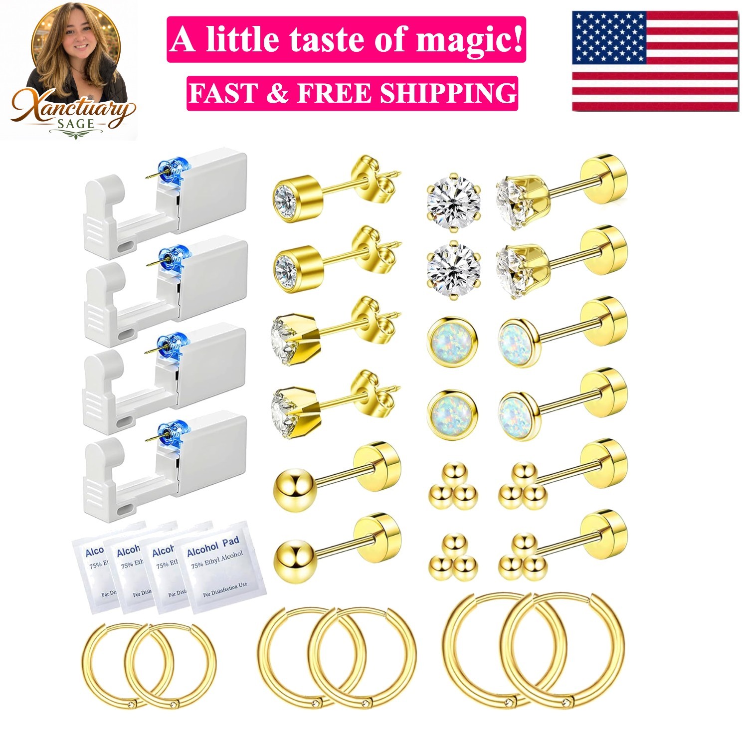 26 Pcs Ear Piercing Kit Ear Disposable Piercing Gun Kit Includes 4 Pcs Self P...