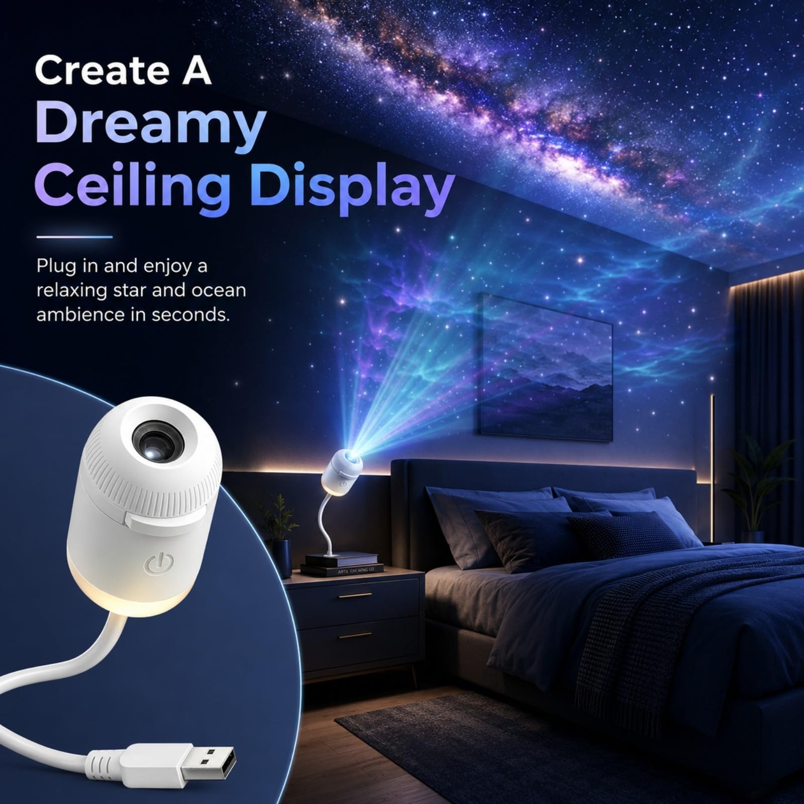 Plug and Play HD Star Projector Night Light, USB Galaxy Ocean Ceiling Projector