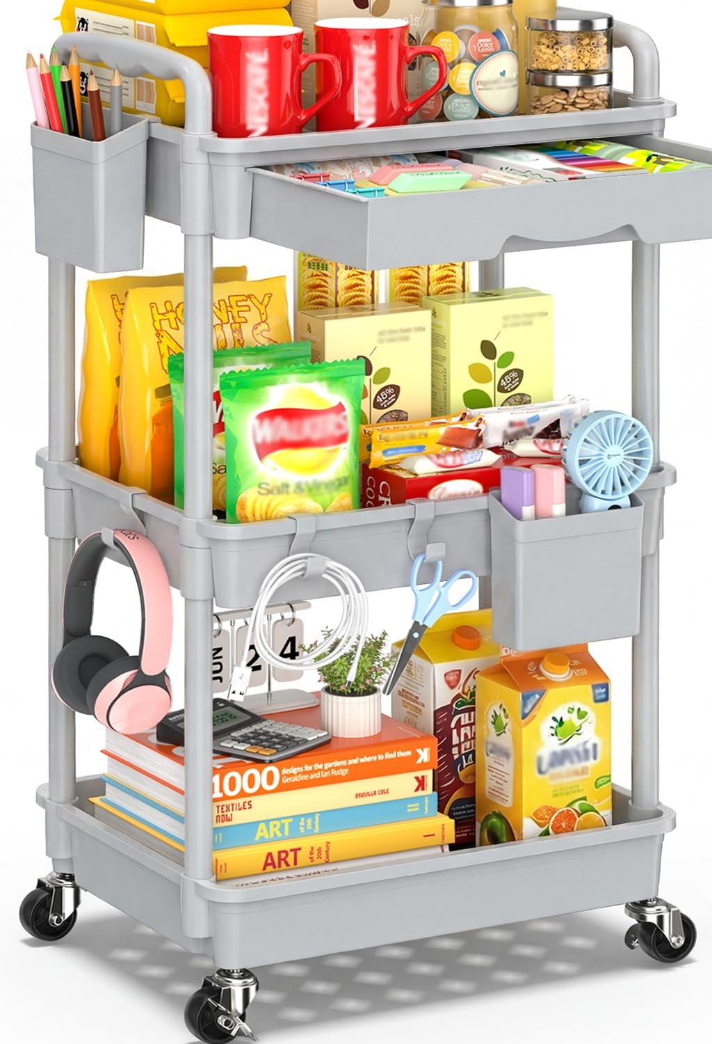 Gray 3 Tier Rolling Cart Drawer Bathroom Storage Organizer Lockable Wheels