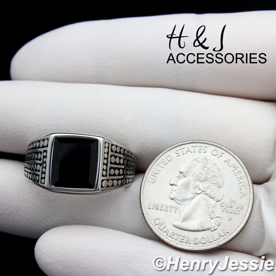 Men's Stainless Steel Black Onyx Silver Tone Ring Size 7-13*AR20