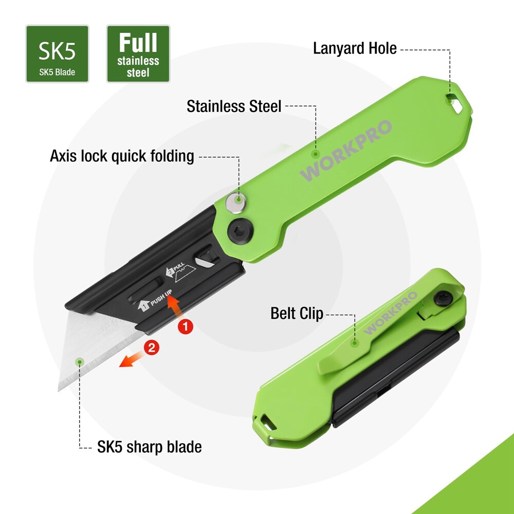 WORKPRO 2PC Folding Utility Knife Box 10PC Blade Cutter Quick Change Razor Knife