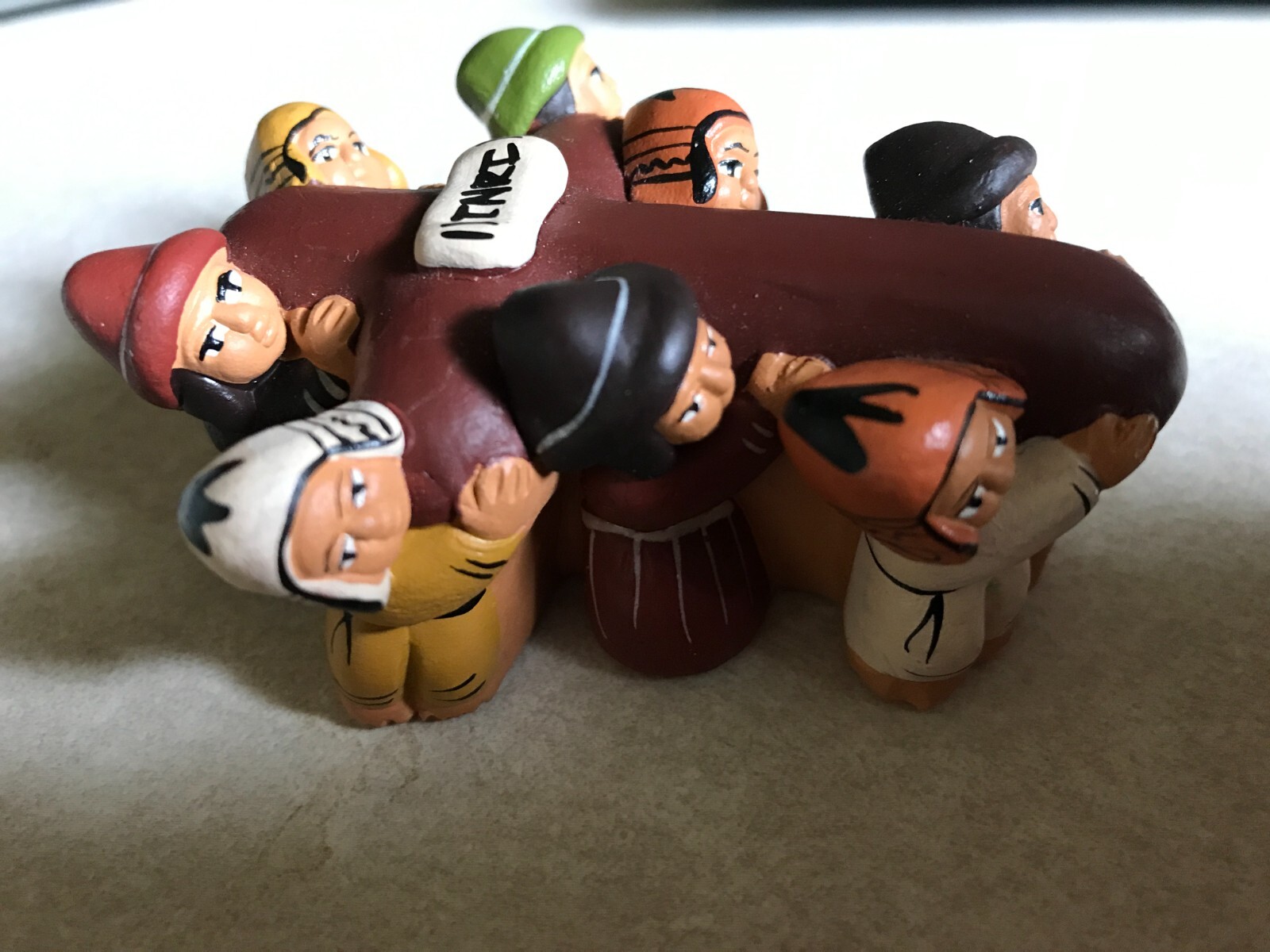 Peru Clay Figures Carrying Crucifix Cross Ethnic Handmade Religious Folk Art