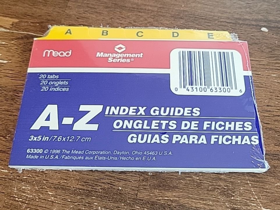 Mead Vintage 1996 A-Z Index Guides Item 63300 3x5 New Old Stock Sealed
