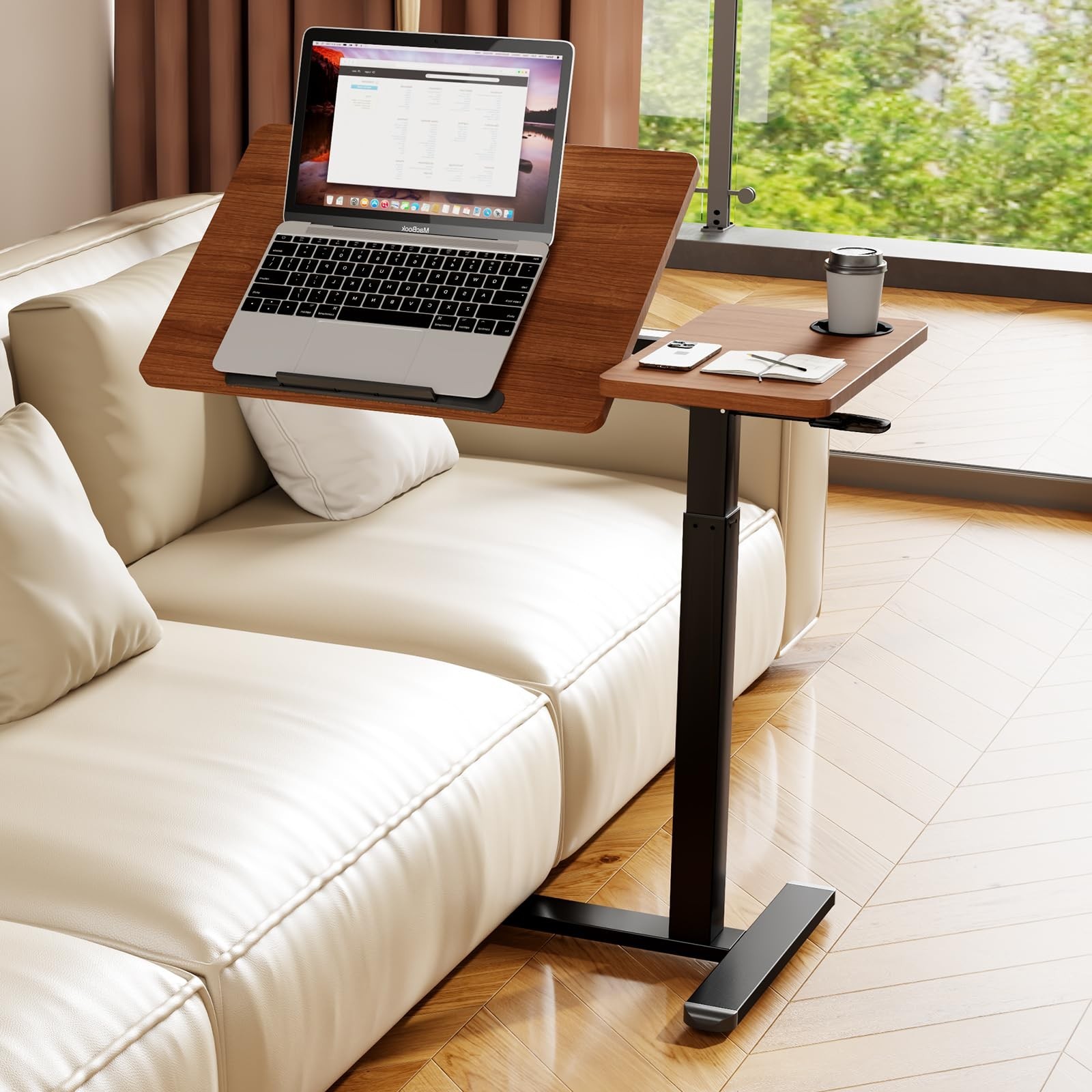 Overbed Table with Wheels, Pneumatic Lift, Foldable Top (Brown) | 0-70° Til