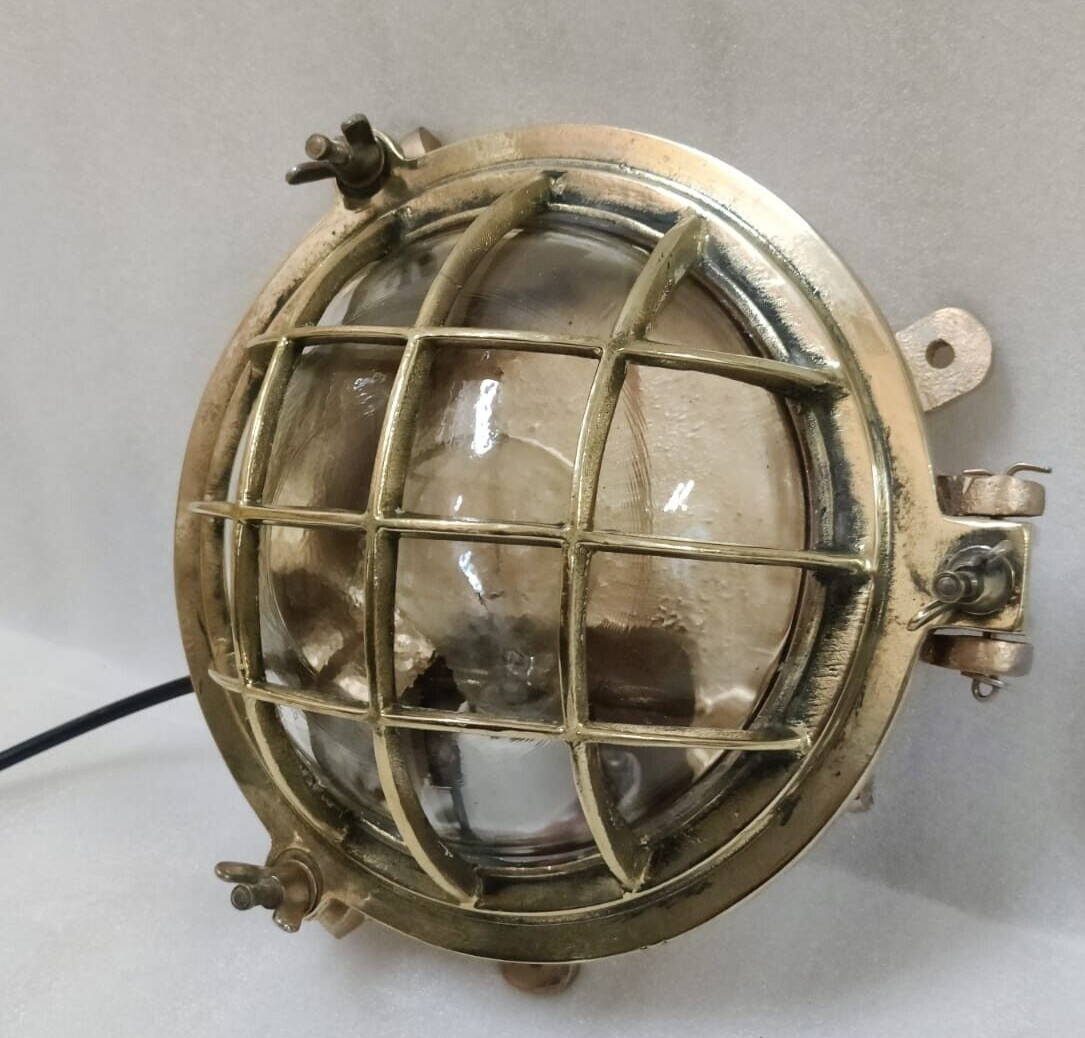 Vintage original Brass Cage&Iron Base Bulkhead passageway Light 2PC.