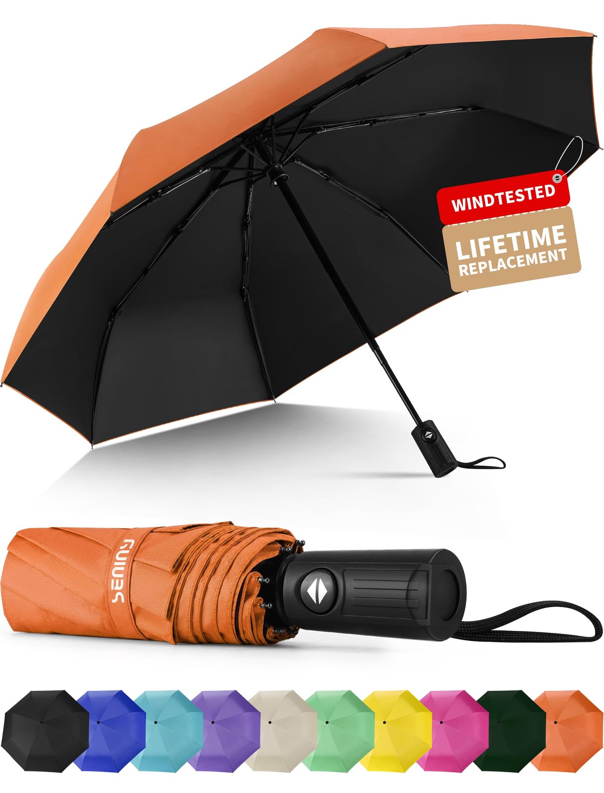 Seniny Windproof Travel Umbrella, Automatic Umbrellas for 38 inches, Orange