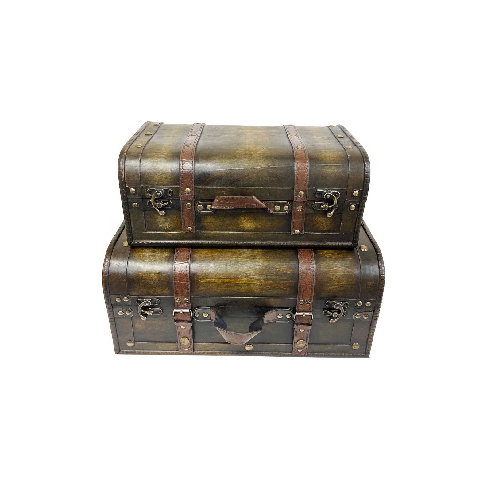 Set Of 2 Dark Brown Wooden Suitcases Decorative Trunks