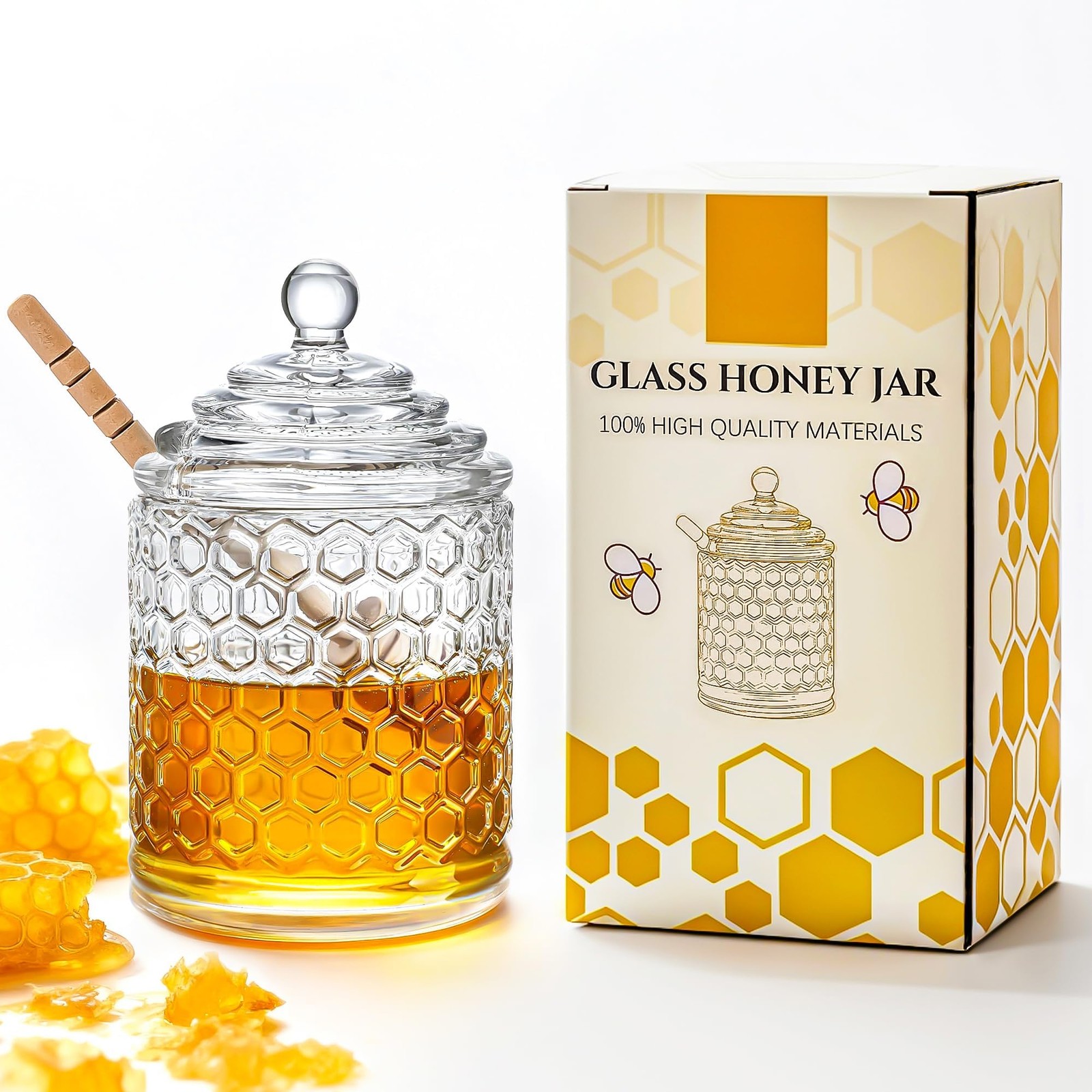 9 oz Glass Honey Pot with Dipper - Clear Honey Jar Dispenser, Kitchen Decor