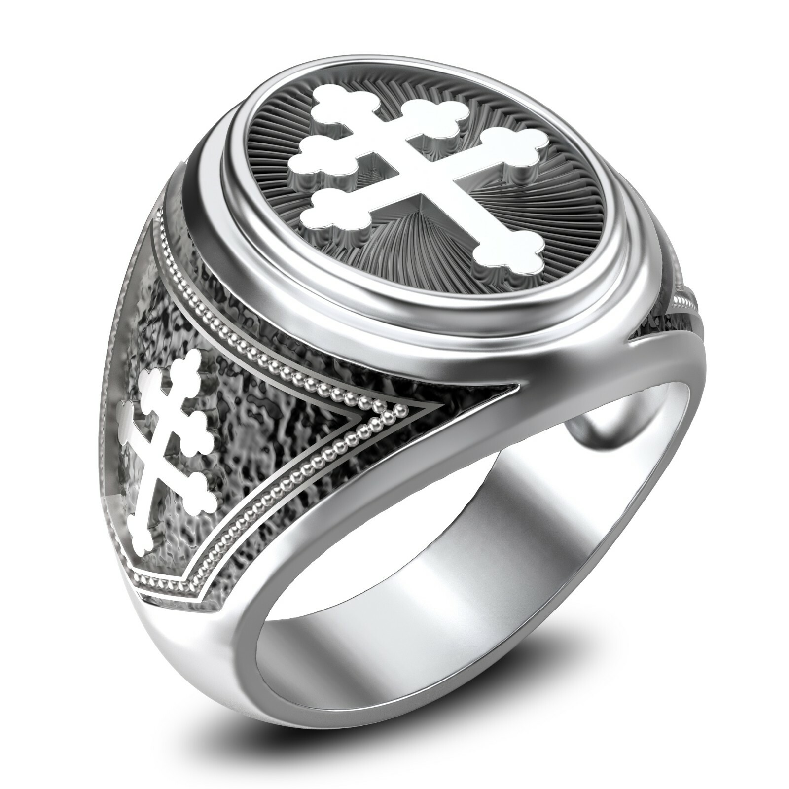 Cross of Lorraine Mens Ring Knights Templar Crusader Ring 925 Sterling Silver