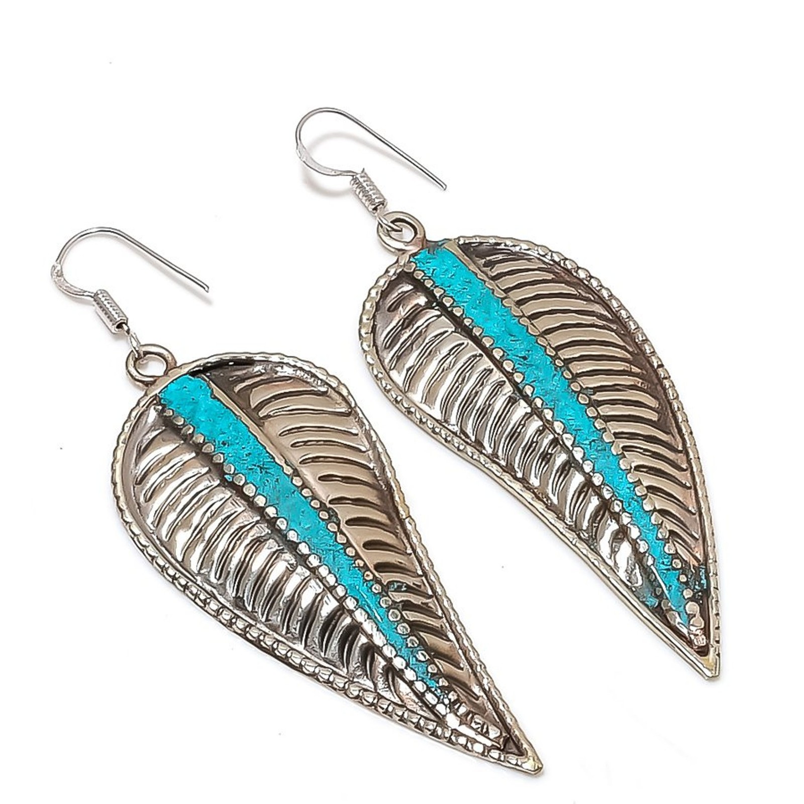 Turquoise Gemstone Earrings Handmade Vintage Tibetan Nepali Jewelry 3.3" NE 5516