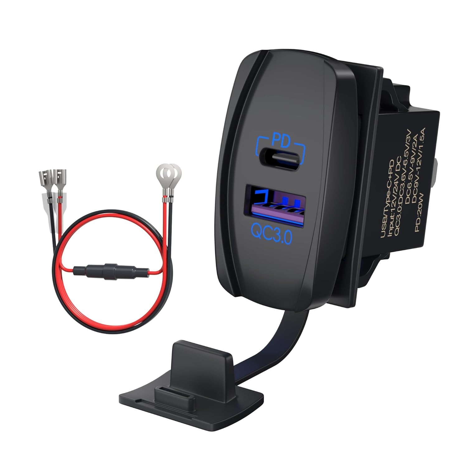USB Rocker Switch 12V Waterproof USB C & QC 3.0 Dual Ports Outlet PD Charger ...