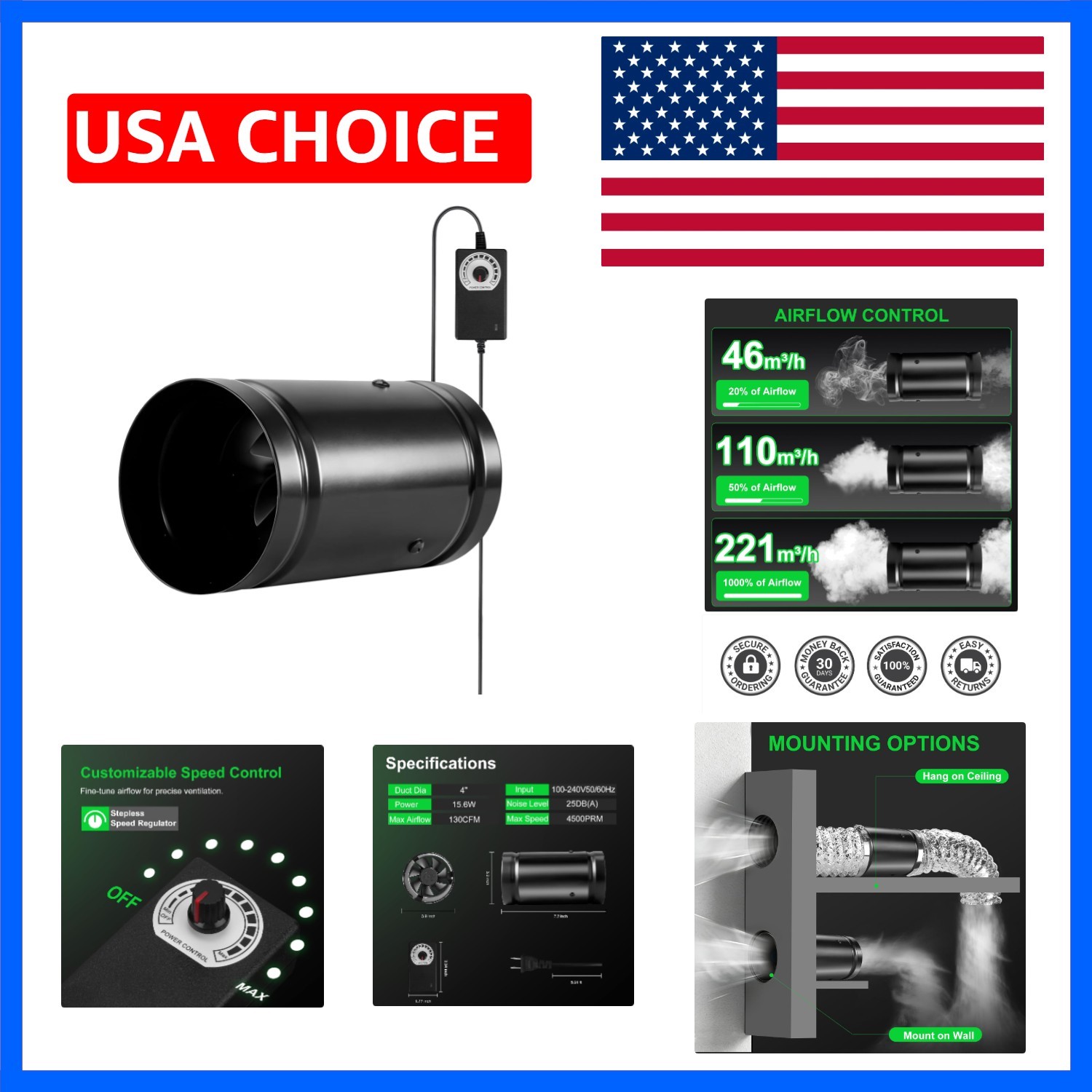 4" Inch Steel Housing Inline Duct Fan with Variable Speed Controller, 135 CFM...