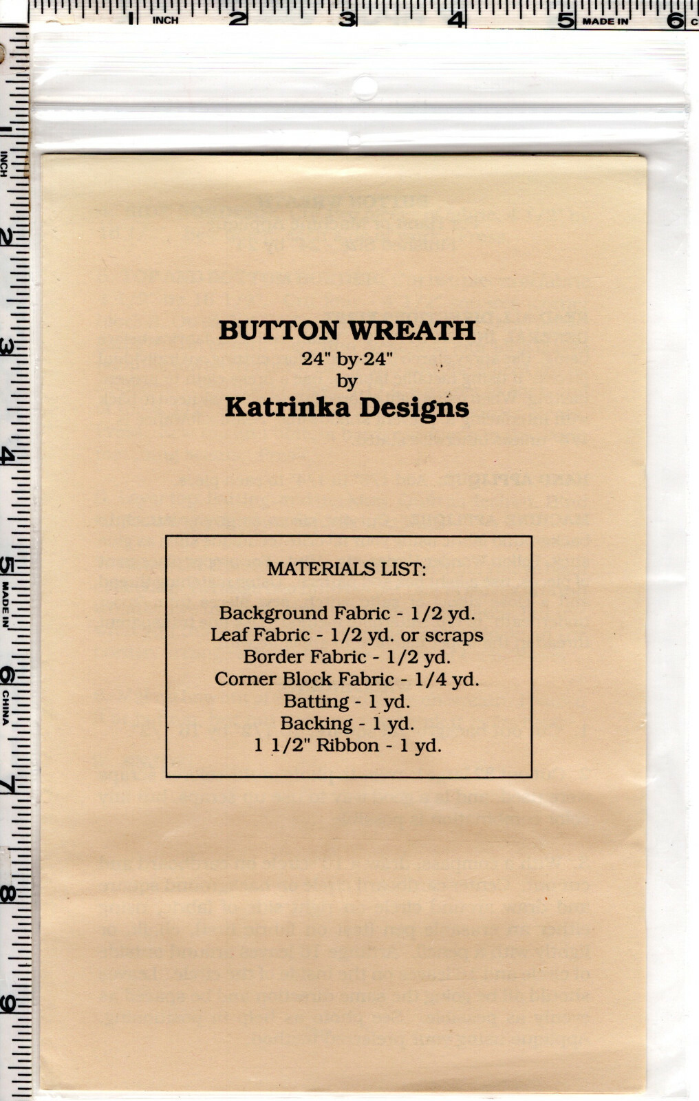 "Button Wreath" Katrinka Designs Quilting Sewing Applique Pattern 24"x24"