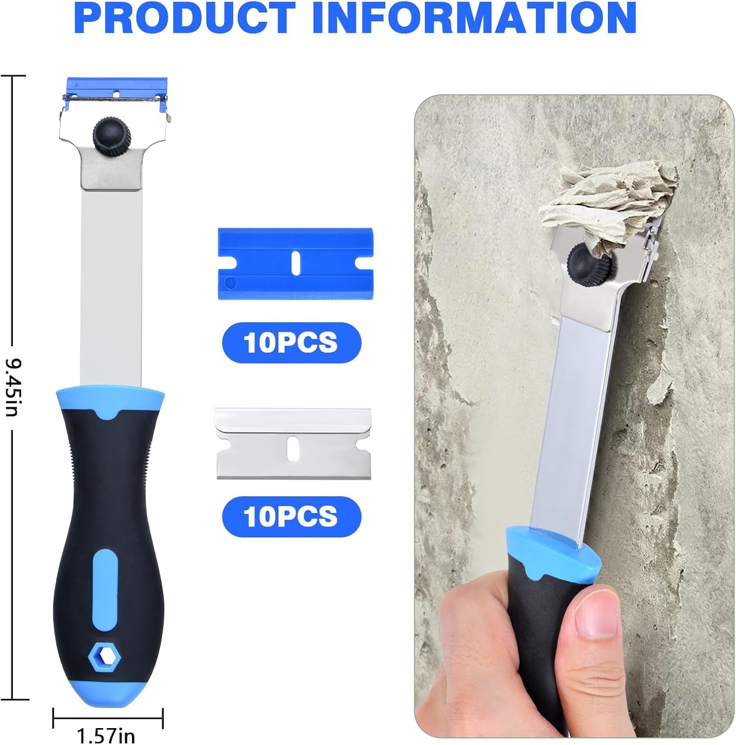 Razor Blade Scraper Tool with 20 Extra Replacement Blades (Metal & Plastic), Lon