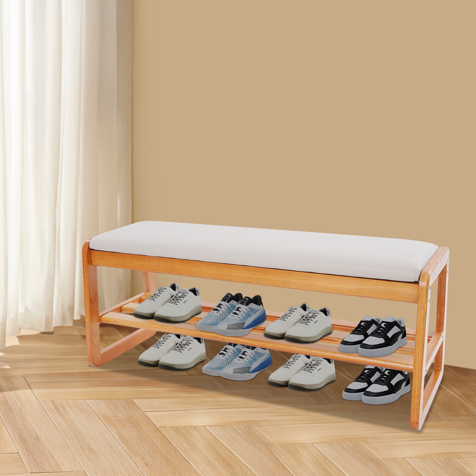 2 Tier Shoe Rack Bench, Shoe Bench with Cushion, Shoe Storage Bench